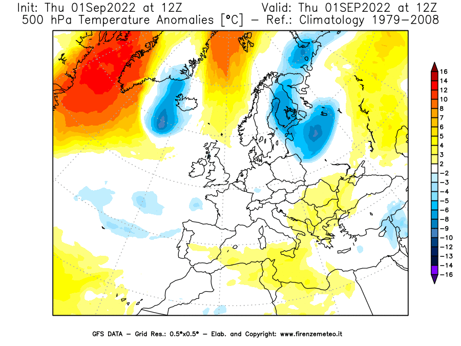 Mappa di analisi GFS - Anomalia Temperatura [°C] a 500 hPa in Europa
							del 01/09/2022 12 <!--googleoff: index-->UTC<!--googleon: index-->