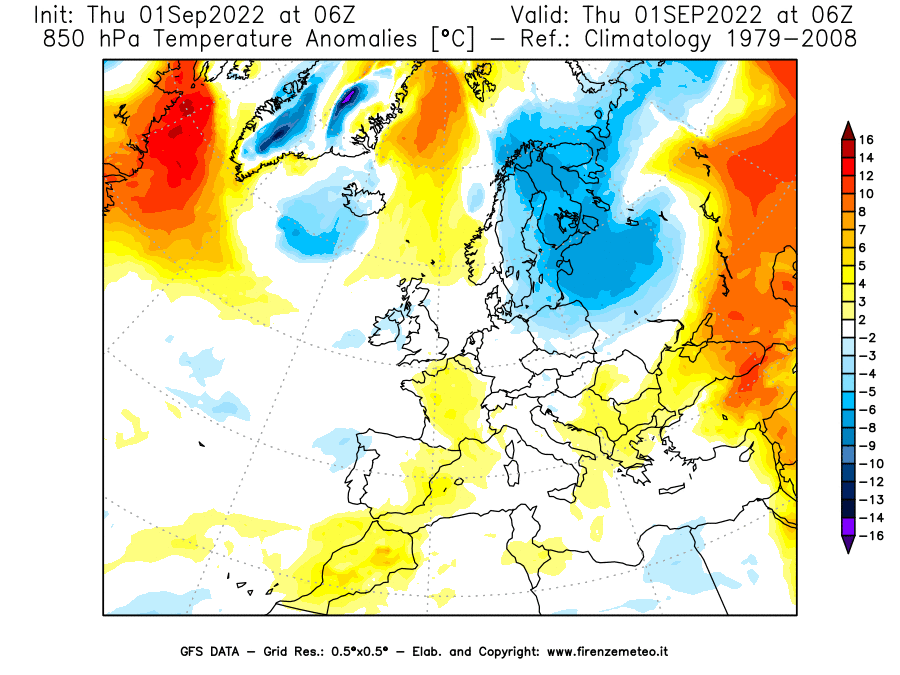 Mappa di analisi GFS - Anomalia Temperatura [°C] a 850 hPa in Europa
							del 01/09/2022 06 <!--googleoff: index-->UTC<!--googleon: index-->