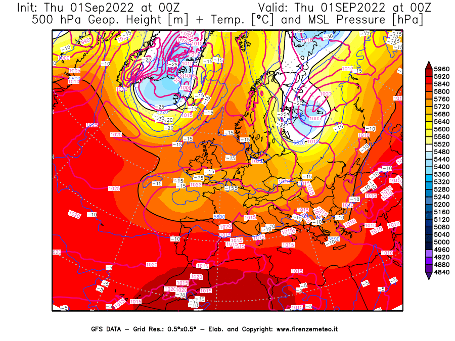 GFS analysi map - Geopotential [m] + Temp. [°C] at 500 hPa + Sea Level Pressure [hPa] in Europe
									on 01/09/2022 00 <!--googleoff: index-->UTC<!--googleon: index-->