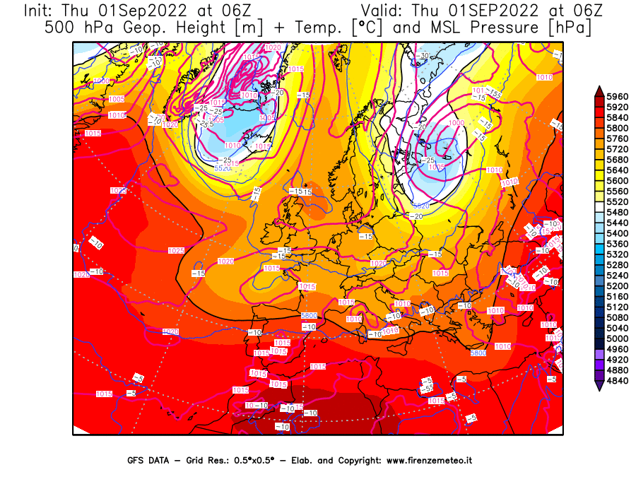 GFS analysi map - Geopotential [m] + Temp. [°C] at 500 hPa + Sea Level Pressure [hPa] in Europe
									on 01/09/2022 06 <!--googleoff: index-->UTC<!--googleon: index-->