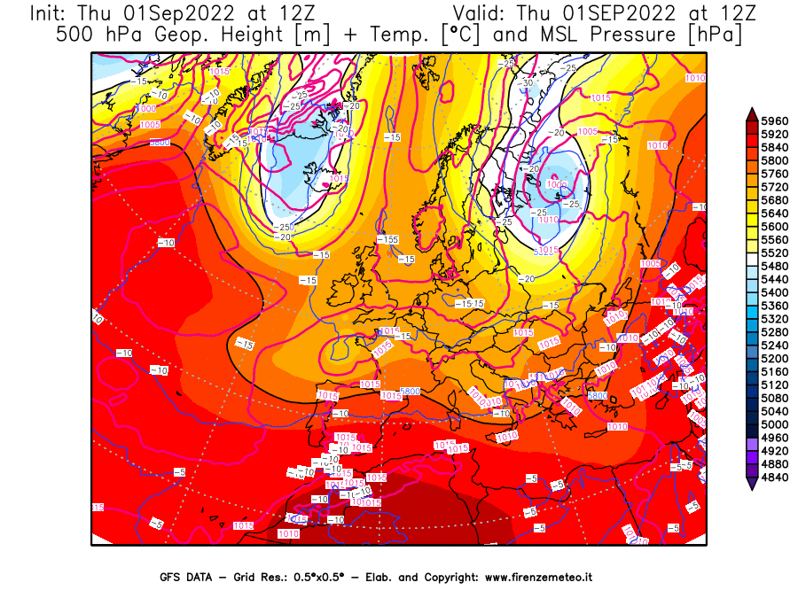 GFS analysi map - Geopotential [m] + Temp. [°C] at 500 hPa + Sea Level Pressure [hPa] in Europe
									on 01/09/2022 12 <!--googleoff: index-->UTC<!--googleon: index-->