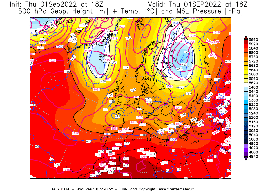 GFS analysi map - Geopotential [m] + Temp. [°C] at 500 hPa + Sea Level Pressure [hPa] in Europe
									on 01/09/2022 18 <!--googleoff: index-->UTC<!--googleon: index-->