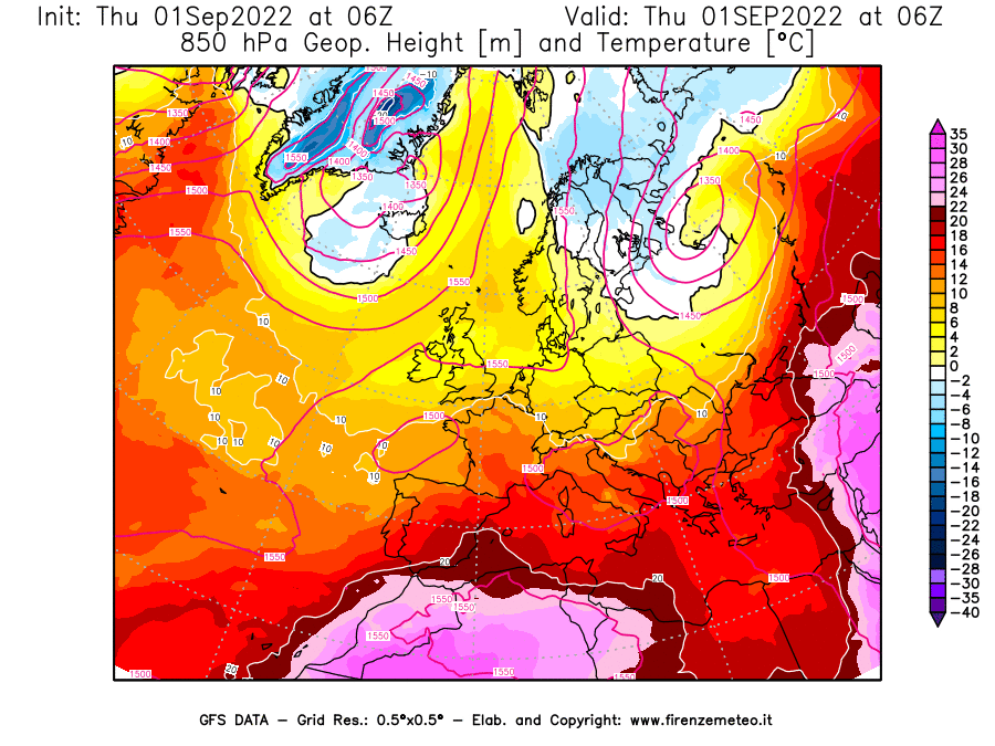 Mappa di analisi GFS - Geopotenziale [m] e Temperatura [°C] a 850 hPa in Europa
							del 01/09/2022 06 <!--googleoff: index-->UTC<!--googleon: index-->