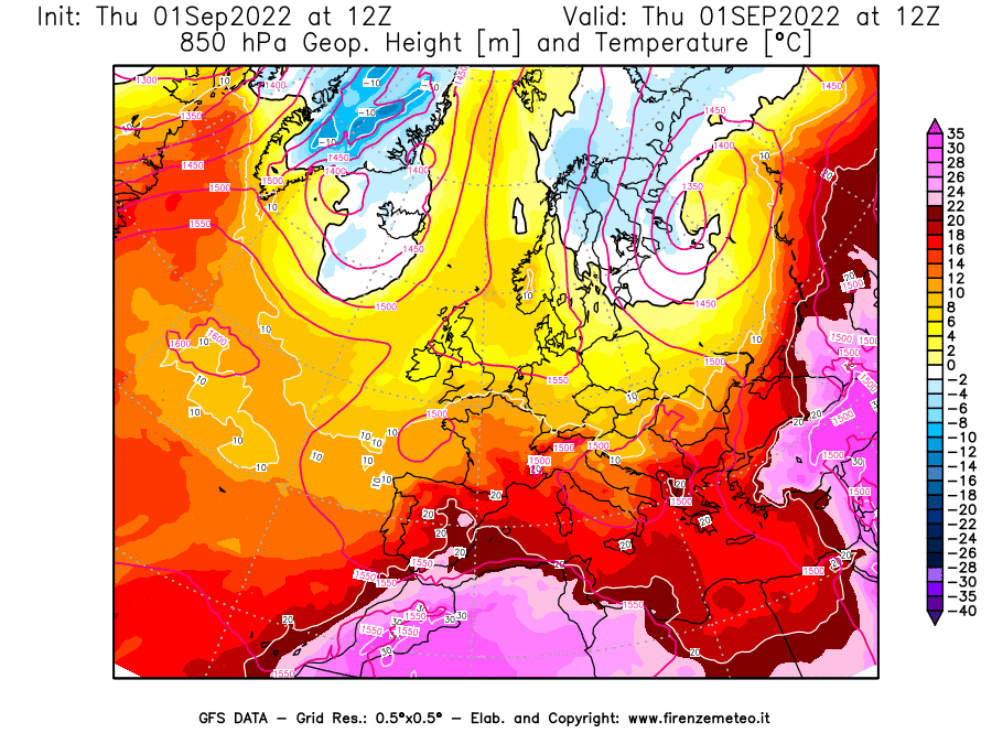Mappa di analisi GFS - Geopotenziale [m] e Temperatura [°C] a 850 hPa in Europa
							del 01/09/2022 12 <!--googleoff: index-->UTC<!--googleon: index-->