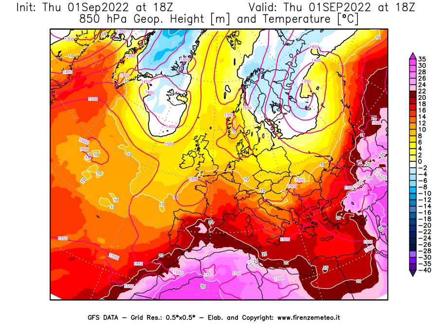 Mappa di analisi GFS - Geopotenziale [m] e Temperatura [°C] a 850 hPa in Europa
							del 01/09/2022 18 <!--googleoff: index-->UTC<!--googleon: index-->