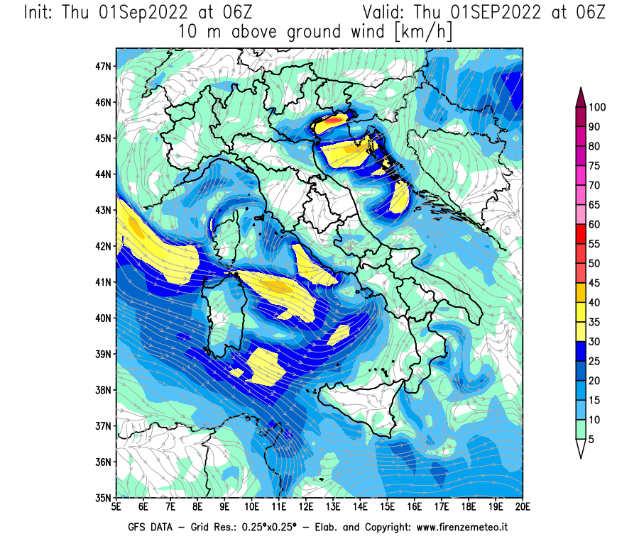 GFS analysi map - Wind Speed at 10 m above ground [km/h] in Italy
									on 01/09/2022 06 <!--googleoff: index-->UTC<!--googleon: index-->