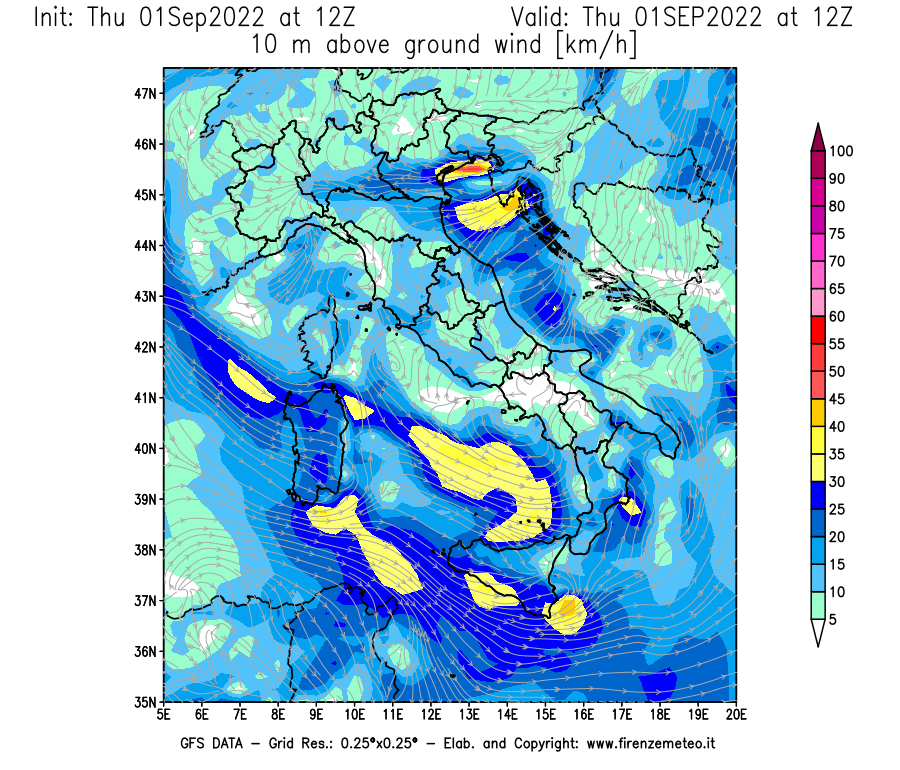 GFS analysi map - Wind Speed at 10 m above ground [km/h] in Italy
									on 01/09/2022 12 <!--googleoff: index-->UTC<!--googleon: index-->
