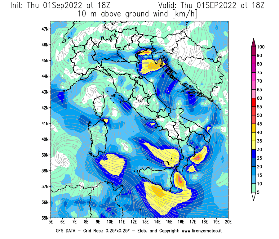 GFS analysi map - Wind Speed at 10 m above ground [km/h] in Italy
									on 01/09/2022 18 <!--googleoff: index-->UTC<!--googleon: index-->