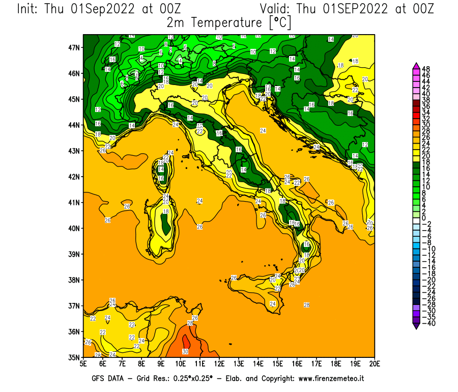 GFS analysi map - Temperature at 2 m above ground [°C] in Italy
									on 01/09/2022 00 <!--googleoff: index-->UTC<!--googleon: index-->