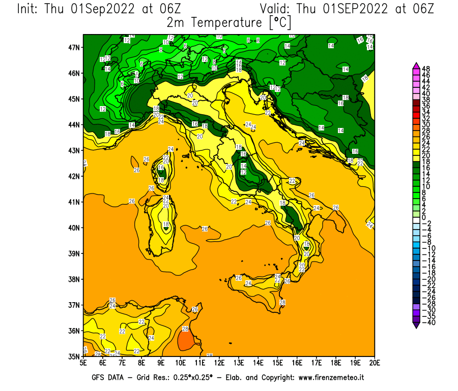 GFS analysi map - Temperature at 2 m above ground [°C] in Italy
									on 01/09/2022 06 <!--googleoff: index-->UTC<!--googleon: index-->