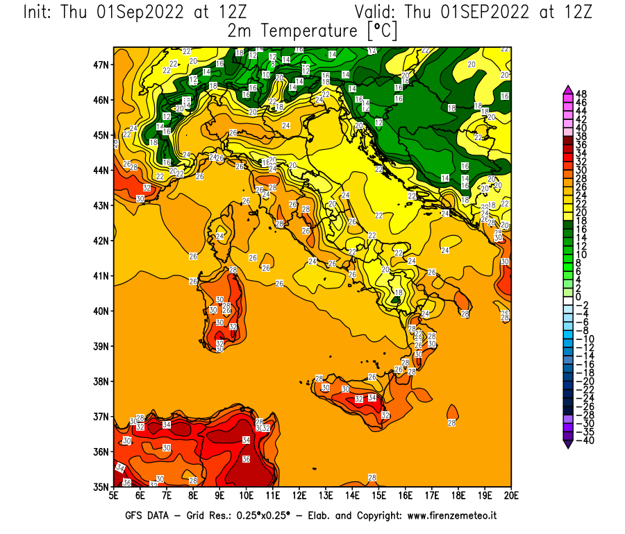 Mappa di analisi GFS - Temperatura a 2 metri dal suolo [°C] in Italia
							del 01/09/2022 12 <!--googleoff: index-->UTC<!--googleon: index-->