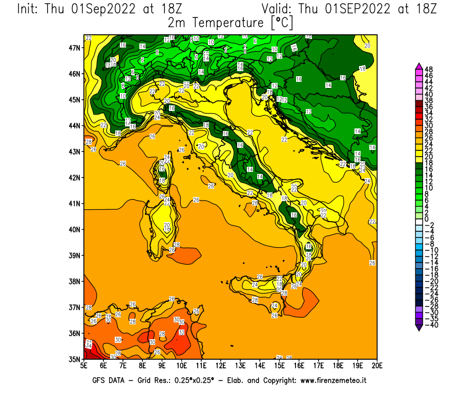 GFS analysi map - Temperature at 2 m above ground [°C] in Italy
									on 01/09/2022 18 <!--googleoff: index-->UTC<!--googleon: index-->