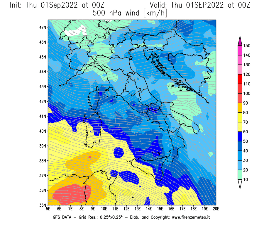 Mappa di analisi GFS - Velocità del vento a 500 hPa [km/h] in Italia
							del 01/09/2022 00 <!--googleoff: index-->UTC<!--googleon: index-->
