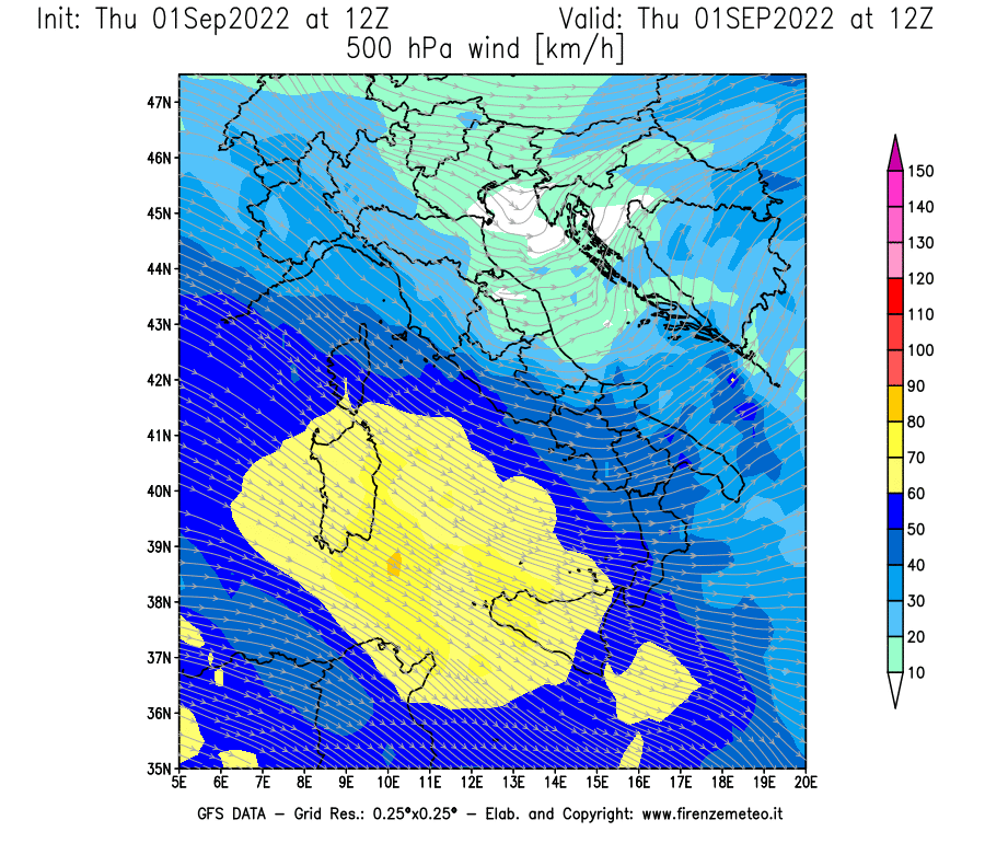 Mappa di analisi GFS - Velocità del vento a 500 hPa [km/h] in Italia
							del 01/09/2022 12 <!--googleoff: index-->UTC<!--googleon: index-->