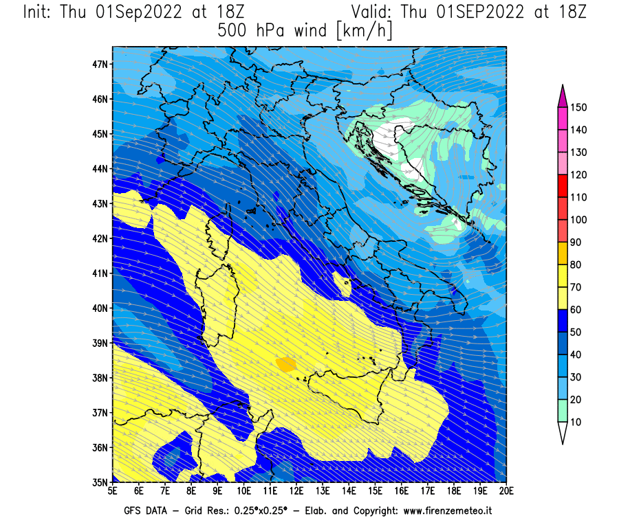 Mappa di analisi GFS - Velocità del vento a 500 hPa [km/h] in Italia
							del 01/09/2022 18 <!--googleoff: index-->UTC<!--googleon: index-->