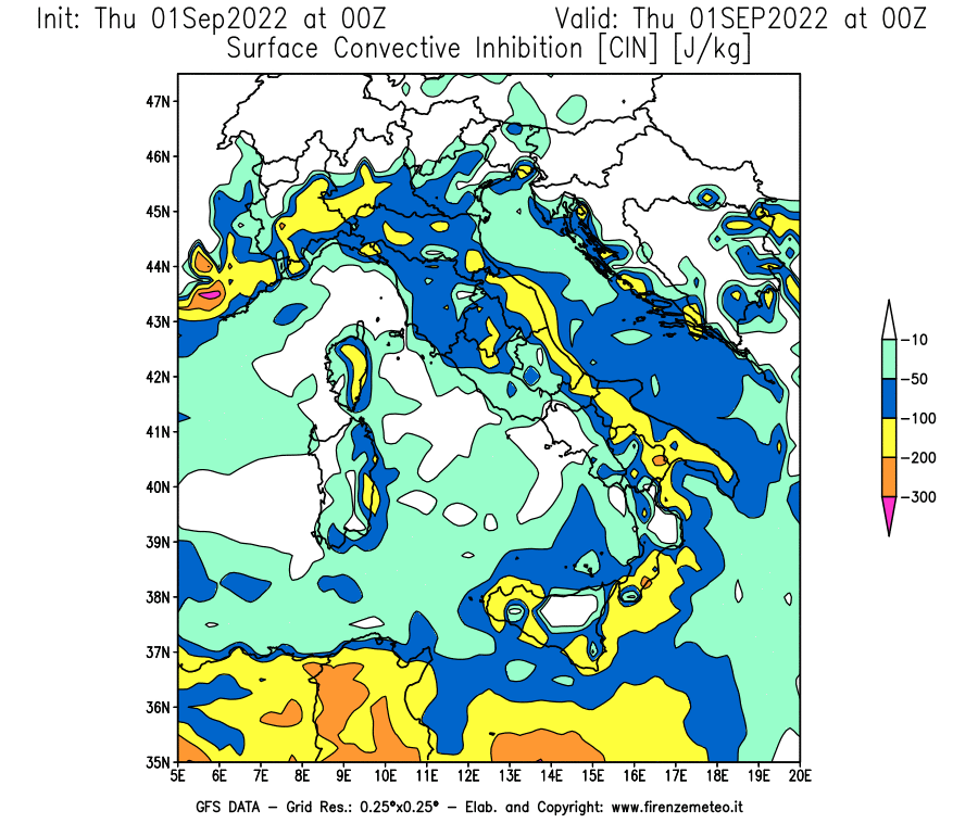 Mappa di analisi GFS - CIN [J/kg] in Italia
							del 01/09/2022 00 <!--googleoff: index-->UTC<!--googleon: index-->