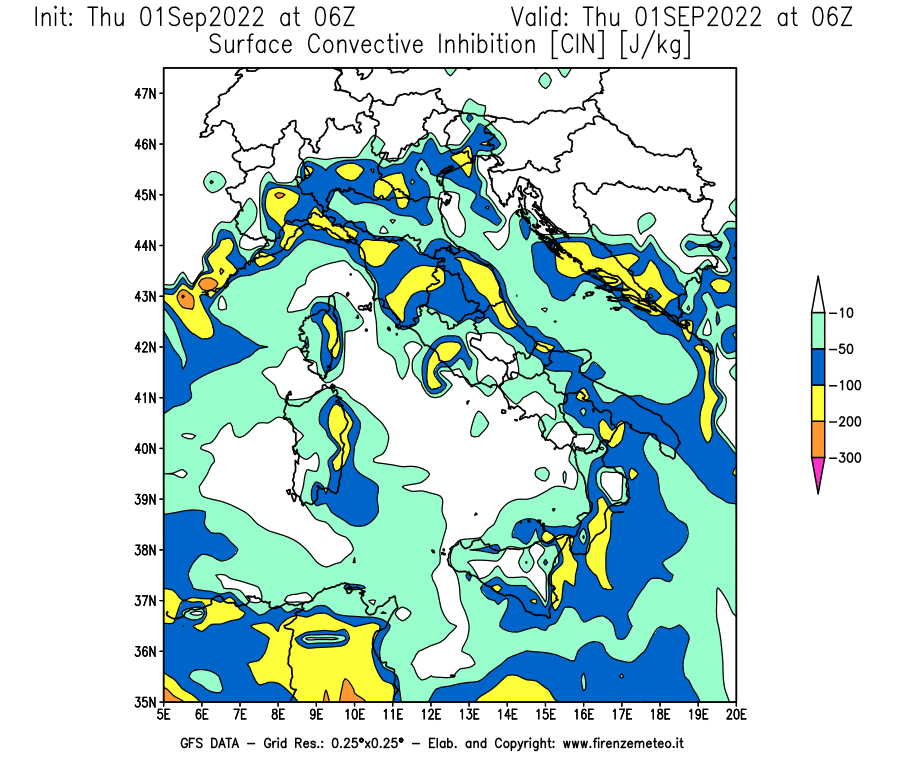 Mappa di analisi GFS - CIN [J/kg] in Italia
							del 01/09/2022 06 <!--googleoff: index-->UTC<!--googleon: index-->