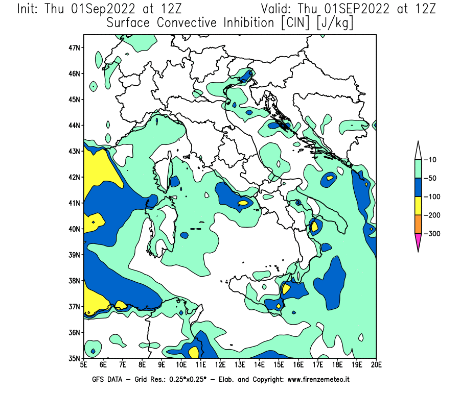 Mappa di analisi GFS - CIN [J/kg] in Italia
							del 01/09/2022 12 <!--googleoff: index-->UTC<!--googleon: index-->