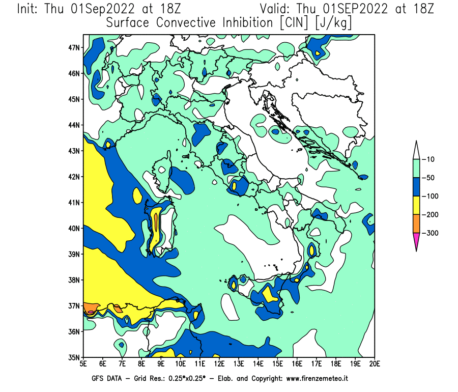 GFS analysi map - CIN [J/kg] in Italy
									on 01/09/2022 18 <!--googleoff: index-->UTC<!--googleon: index-->