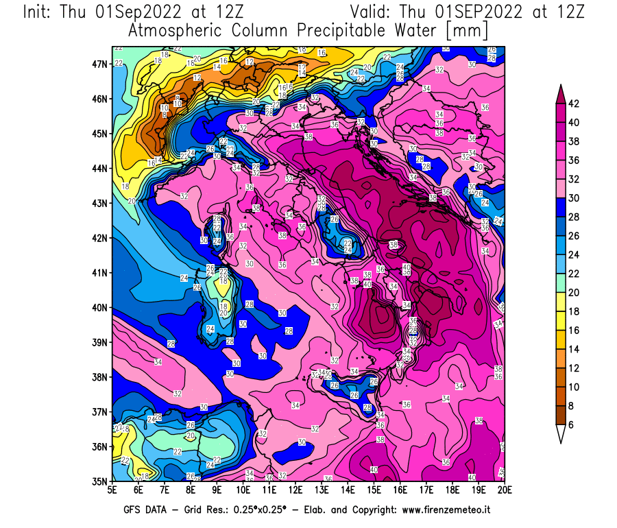 GFS analysi map - Precipitable Water [mm] in Italy
									on 01/09/2022 12 <!--googleoff: index-->UTC<!--googleon: index-->