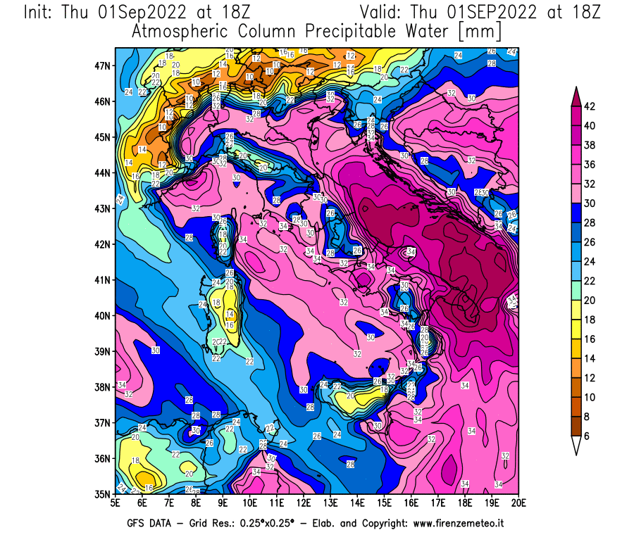 GFS analysi map - Precipitable Water [mm] in Italy
									on 01/09/2022 18 <!--googleoff: index-->UTC<!--googleon: index-->