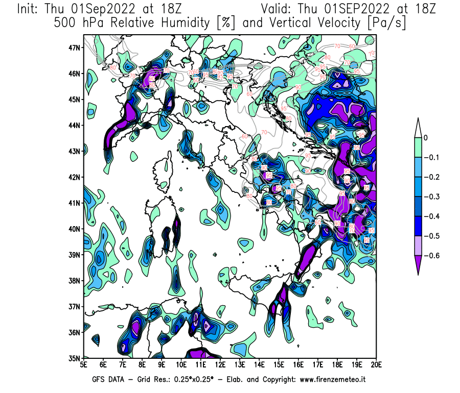 Mappa di analisi GFS - Umidità relativa [%] e Omega [Pa/s] a 500 hPa in Italia
							del 01/09/2022 18 <!--googleoff: index-->UTC<!--googleon: index-->