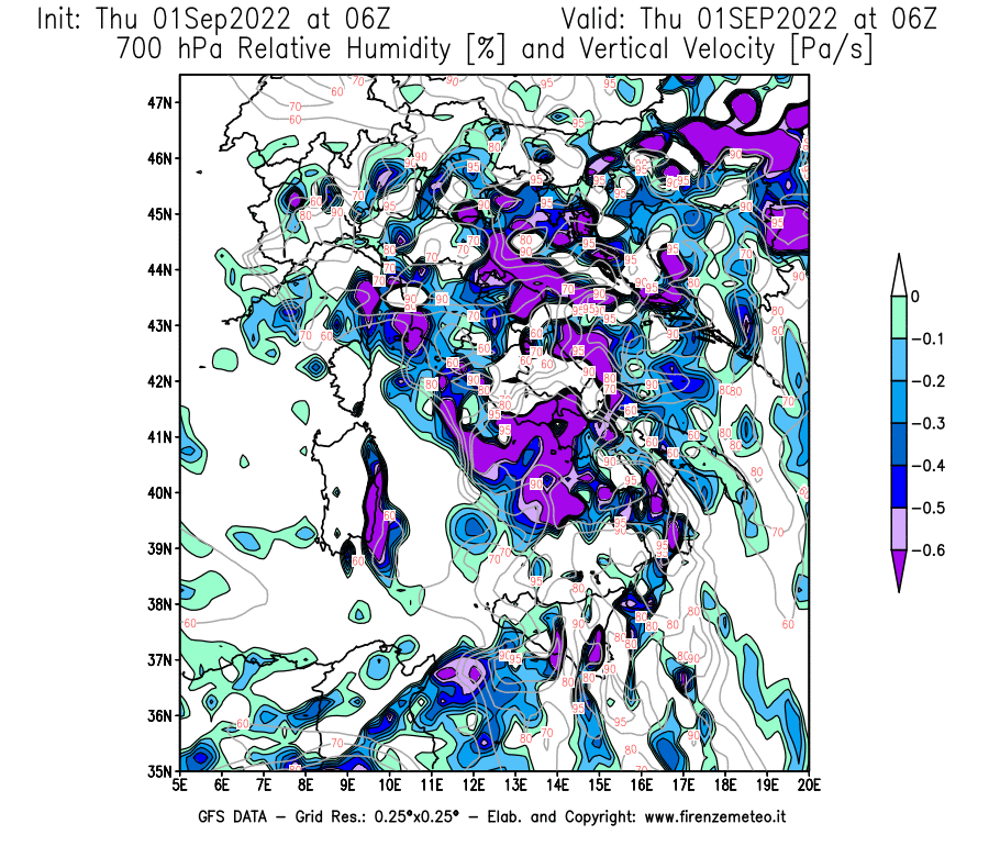 Mappa di analisi GFS - Umidità relativa [%] e Omega [Pa/s] a 700 hPa in Italia
							del 01/09/2022 06 <!--googleoff: index-->UTC<!--googleon: index-->