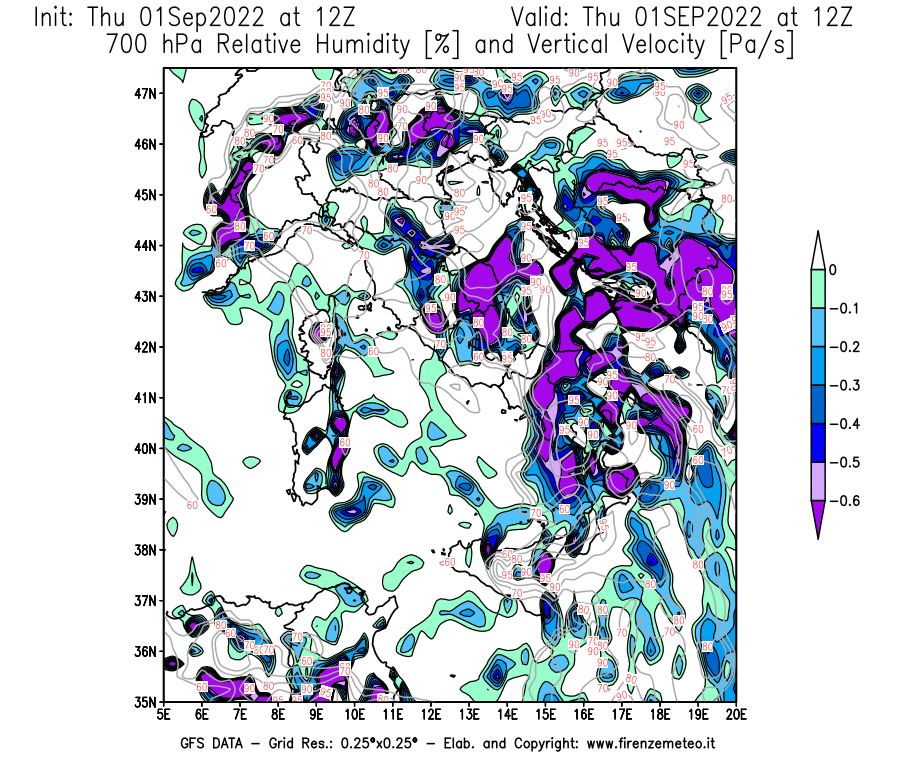 Mappa di analisi GFS - Umidità relativa [%] e Omega [Pa/s] a 700 hPa in Italia
							del 01/09/2022 12 <!--googleoff: index-->UTC<!--googleon: index-->