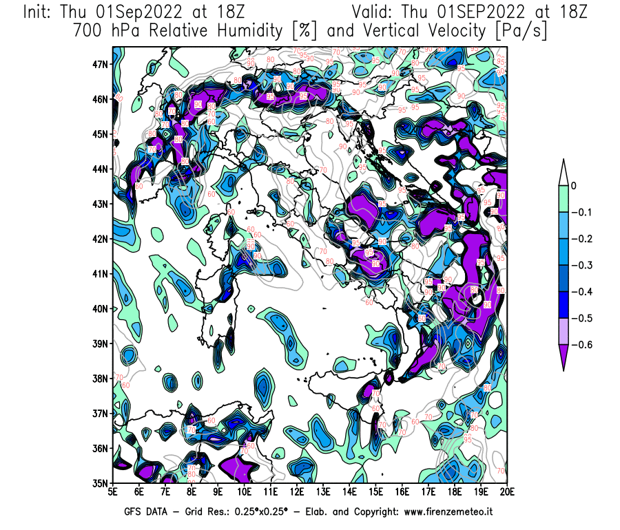 Mappa di analisi GFS - Umidità relativa [%] e Omega [Pa/s] a 700 hPa in Italia
							del 01/09/2022 18 <!--googleoff: index-->UTC<!--googleon: index-->