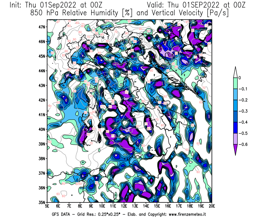 Mappa di analisi GFS - Umidità relativa [%] e Omega [Pa/s] a 850 hPa in Italia
							del 01/09/2022 00 <!--googleoff: index-->UTC<!--googleon: index-->