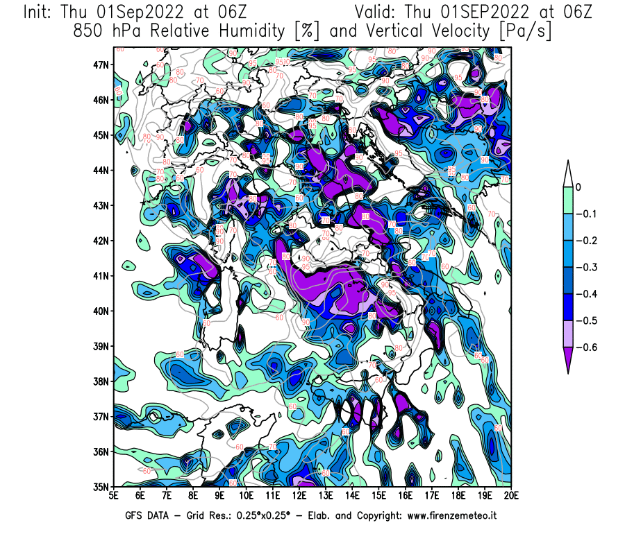 Mappa di analisi GFS - Umidità relativa [%] e Omega [Pa/s] a 850 hPa in Italia
							del 01/09/2022 06 <!--googleoff: index-->UTC<!--googleon: index-->