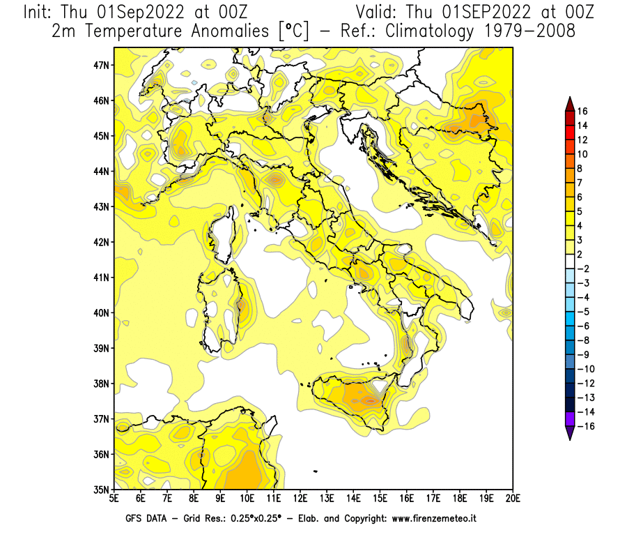 Mappa di analisi GFS - Anomalia Temperatura [°C] a 2 m in Italia
							del 01/09/2022 00 <!--googleoff: index-->UTC<!--googleon: index-->