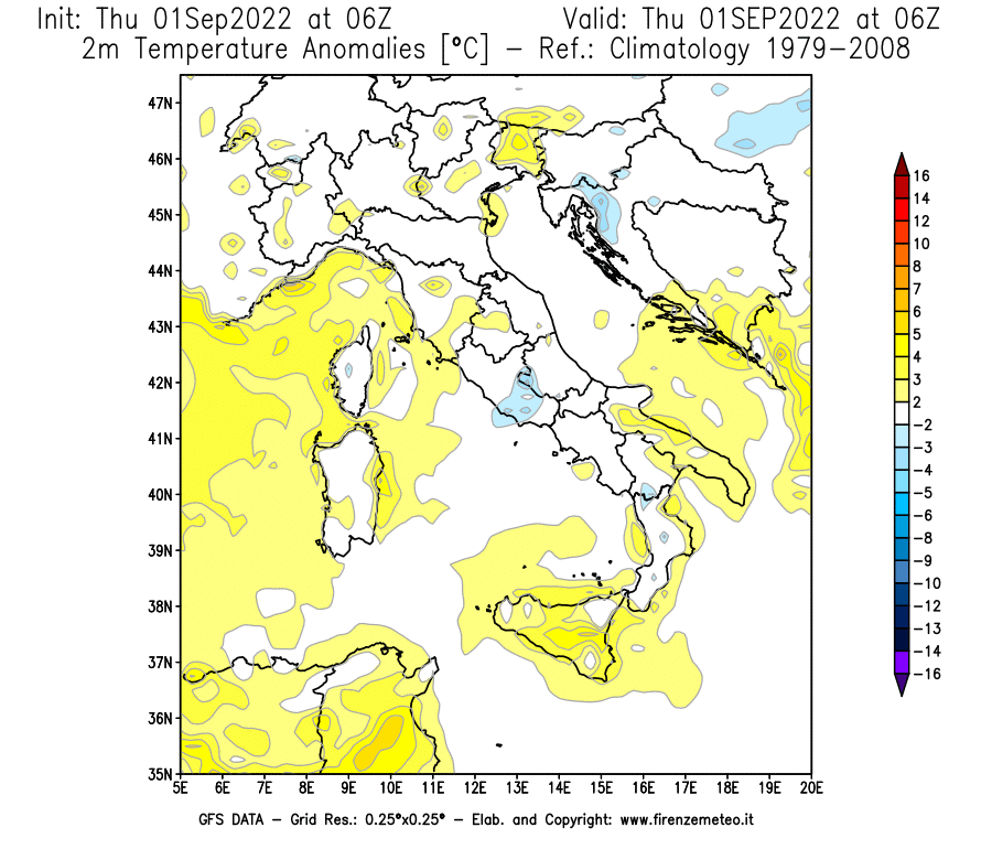 Mappa di analisi GFS - Anomalia Temperatura [°C] a 2 m in Italia
							del 01/09/2022 06 <!--googleoff: index-->UTC<!--googleon: index-->