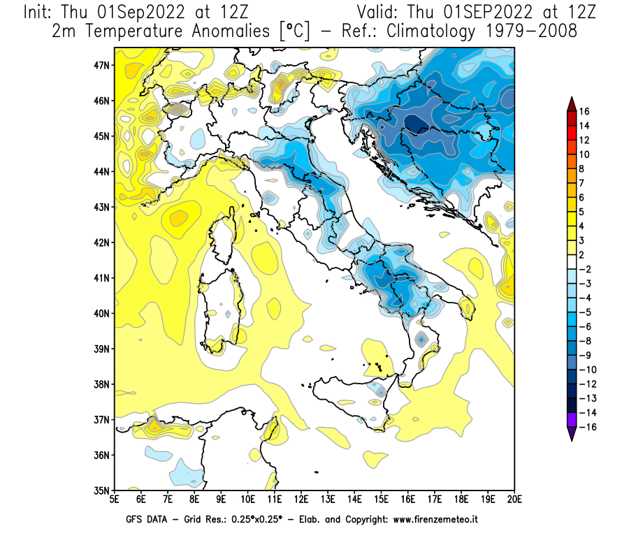 Mappa di analisi GFS - Anomalia Temperatura [°C] a 2 m in Italia
							del 01/09/2022 12 <!--googleoff: index-->UTC<!--googleon: index-->