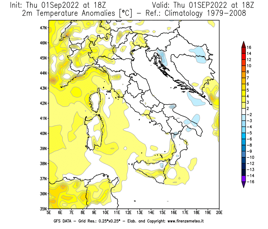 Mappa di analisi GFS - Anomalia Temperatura [°C] a 2 m in Italia
							del 01/09/2022 18 <!--googleoff: index-->UTC<!--googleon: index-->