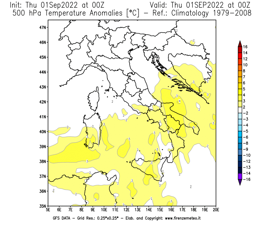 Mappa di analisi GFS - Anomalia Temperatura [°C] a 500 hPa in Italia
							del 01/09/2022 00 <!--googleoff: index-->UTC<!--googleon: index-->
