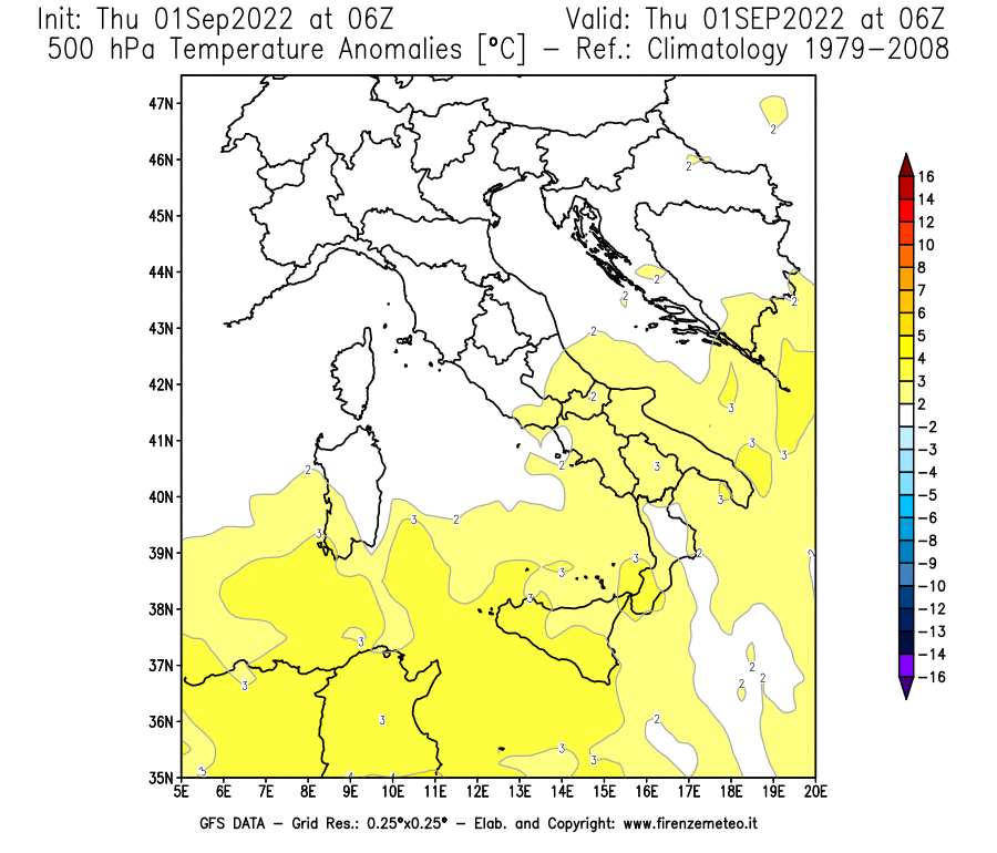 Mappa di analisi GFS - Anomalia Temperatura [°C] a 500 hPa in Italia
							del 01/09/2022 06 <!--googleoff: index-->UTC<!--googleon: index-->