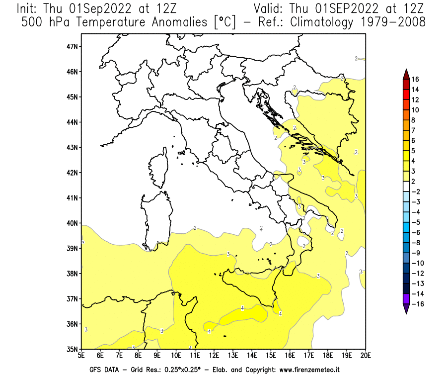 Mappa di analisi GFS - Anomalia Temperatura [°C] a 500 hPa in Italia
							del 01/09/2022 12 <!--googleoff: index-->UTC<!--googleon: index-->