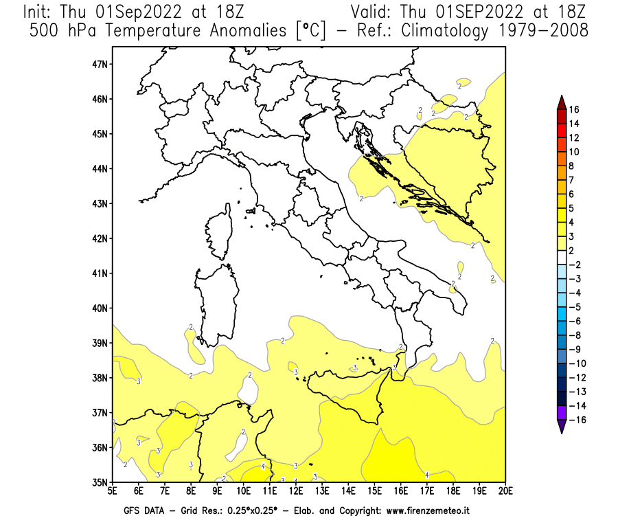 GFS analysi map - Temperature Anomalies [°C] at 500 hPa in Italy
									on 01/09/2022 18 <!--googleoff: index-->UTC<!--googleon: index-->