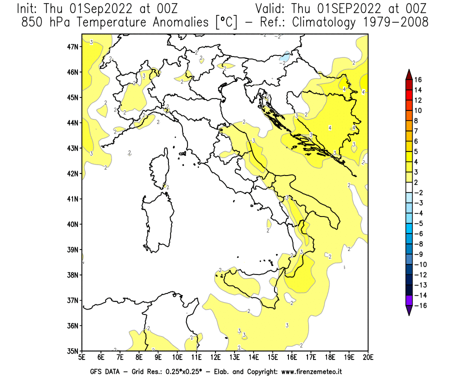 Mappa di analisi GFS - Anomalia Temperatura [°C] a 850 hPa in Italia
							del 01/09/2022 00 <!--googleoff: index-->UTC<!--googleon: index-->