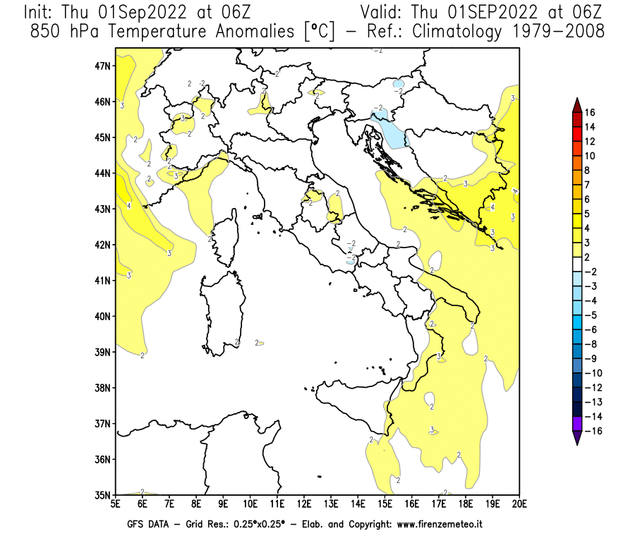 GFS analysi map - Temperature Anomalies [°C] at 850 hPa in Italy
									on 01/09/2022 06 <!--googleoff: index-->UTC<!--googleon: index-->