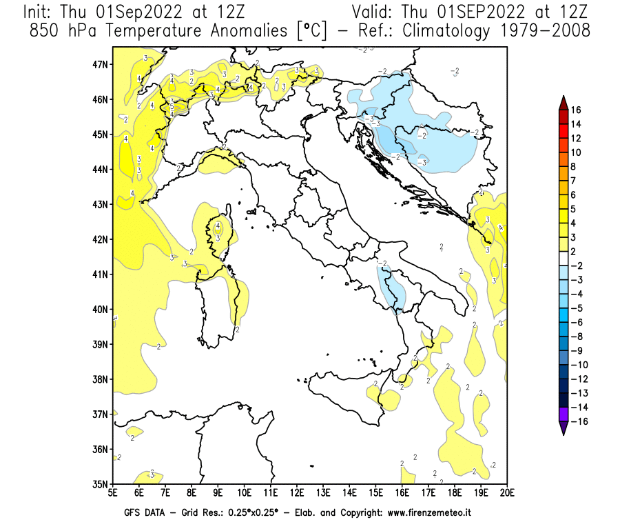 Mappa di analisi GFS - Anomalia Temperatura [°C] a 850 hPa in Italia
							del 01/09/2022 12 <!--googleoff: index-->UTC<!--googleon: index-->
