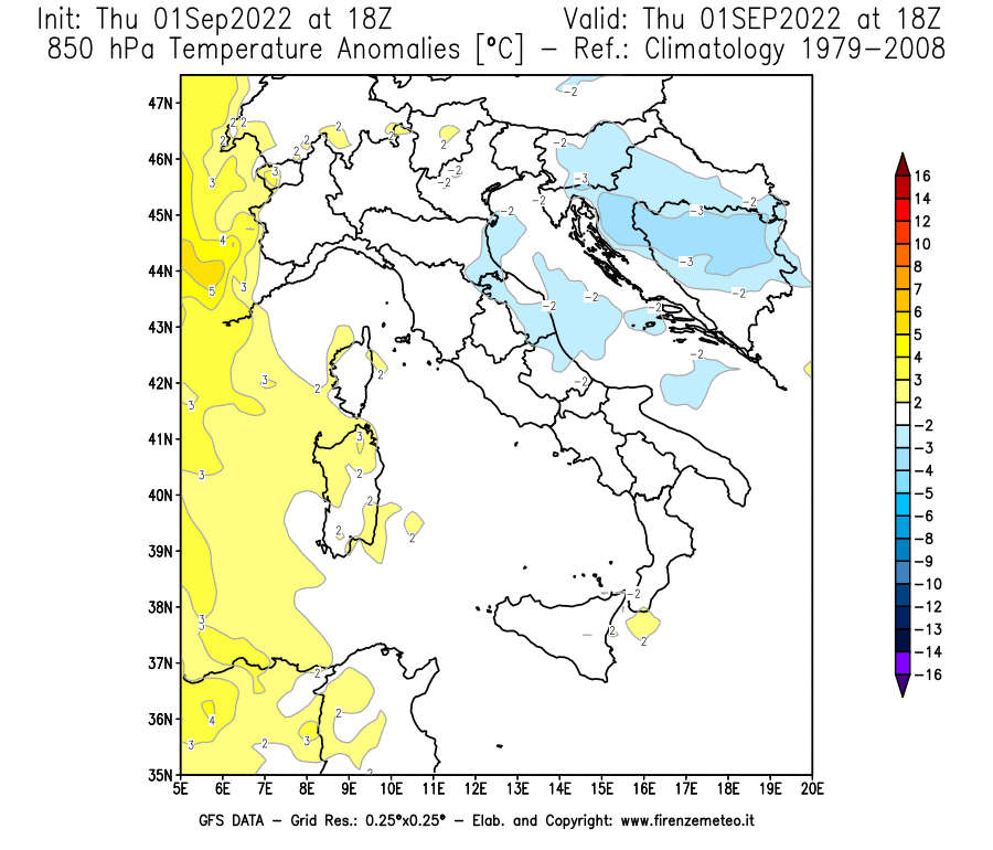 GFS analysi map - Temperature Anomalies [°C] at 850 hPa in Italy
									on 01/09/2022 18 <!--googleoff: index-->UTC<!--googleon: index-->
