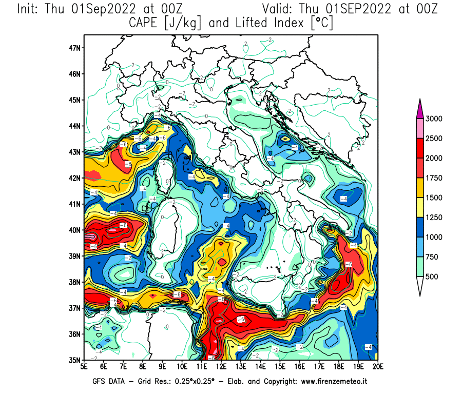 Mappa di analisi GFS - CAPE [J/kg] e Lifted Index [°C] in Italia
							del 01/09/2022 00 <!--googleoff: index-->UTC<!--googleon: index-->