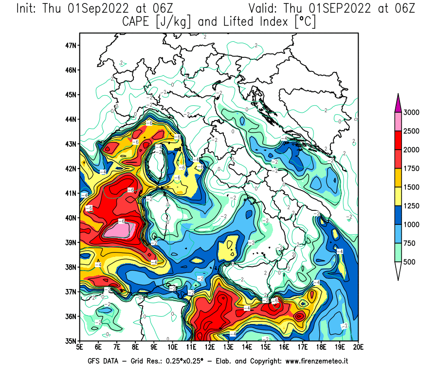 GFS analysi map - CAPE [J/kg] and Lifted Index [°C] in Italy
									on 01/09/2022 06 <!--googleoff: index-->UTC<!--googleon: index-->
