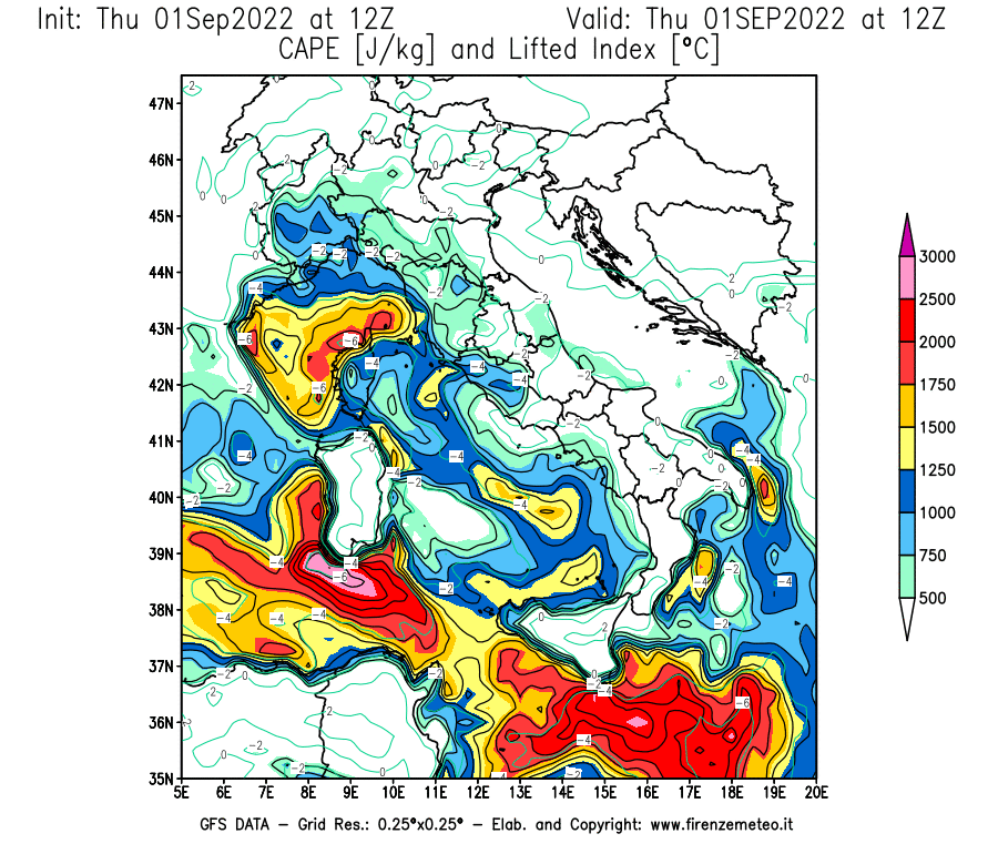 GFS analysi map - CAPE [J/kg] and Lifted Index [°C] in Italy
									on 01/09/2022 12 <!--googleoff: index-->UTC<!--googleon: index-->