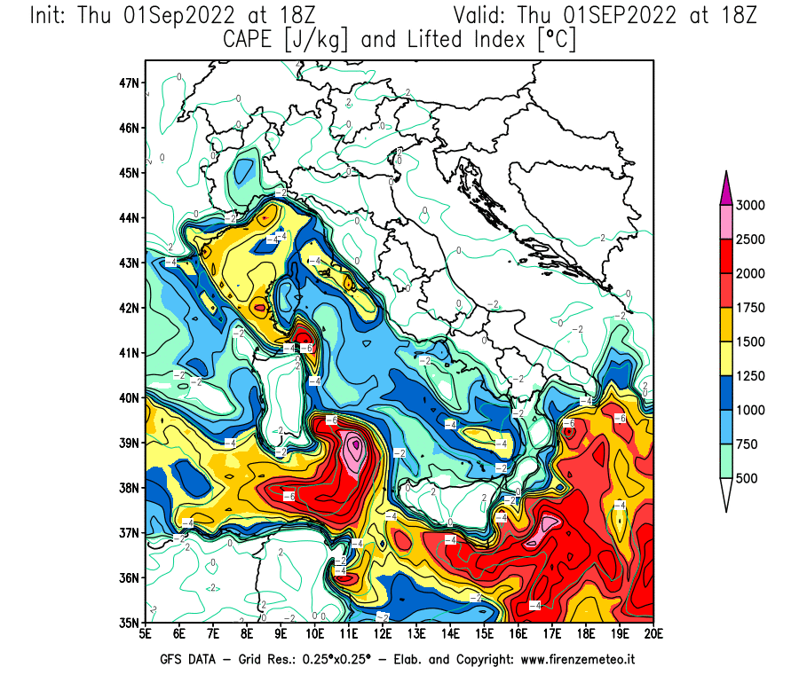 GFS analysi map - CAPE [J/kg] and Lifted Index [°C] in Italy
									on 01/09/2022 18 <!--googleoff: index-->UTC<!--googleon: index-->