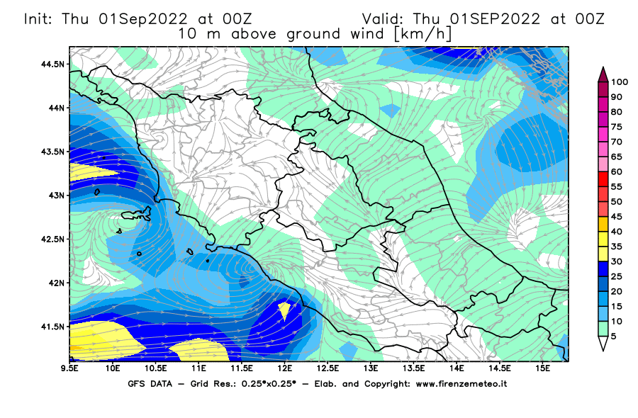 Mappa di analisi GFS - Velocità del vento a 10 metri dal suolo [km/h] in Centro-Italia
							del 01/09/2022 00 <!--googleoff: index-->UTC<!--googleon: index-->