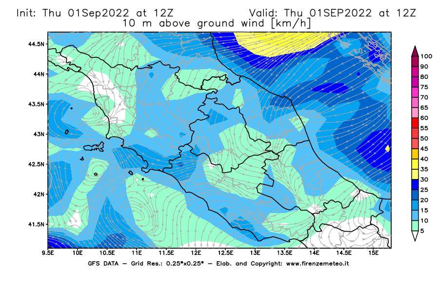 Mappa di analisi GFS - Velocità del vento a 10 metri dal suolo [km/h] in Centro-Italia
							del 01/09/2022 12 <!--googleoff: index-->UTC<!--googleon: index-->