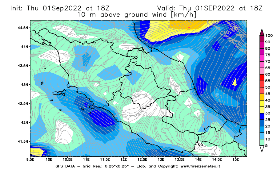 GFS analysi map - Wind Speed at 10 m above ground [km/h] in Central Italy
									on 01/09/2022 18 <!--googleoff: index-->UTC<!--googleon: index-->